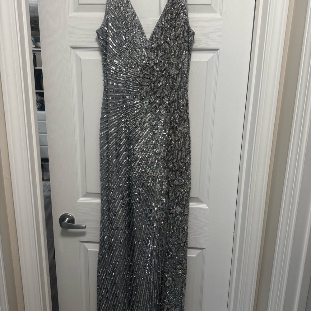 Mac Duggal Silver Sequin Sleeveless Gown